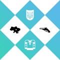 Set Map of Ukraine, Embroidered shirt, Ukrainian trident and Vintage pistols icon. Vector
