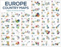 Set of maps of the countries of Europe. Image of global maps in the form of regions regions of Europe countries. Flags of