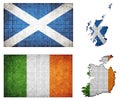 Set of maps and flags of Ireland and Scotland