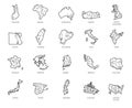 Set of 20 maps in linear style of different countries - England, America, Asia, Europe. Outline isolated icon