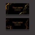 Set of marble business cards with golden cracks on a black background. Stylish templates