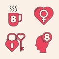 Set 8 March in human head, Coffee cup with 8 March, Female gender in heart and Castle and key in heart shape icon