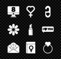 Set 8 March on monitore, Female gender symbol, Please do not disturb with heart, Envelope, Book about women, Wedding