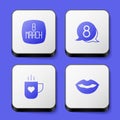 Set 8 March, in speech bubble, Coffee cup and heart and Smiling lips icon. White square button. Vector