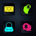 Set 8 March in speech bubble, Envelope with 8 March, Handbag and 8 March in human head. Black square button. Vector Royalty Free Stock Photo