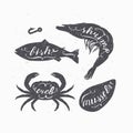 Set of marine animals silhouettes with lettering signs. Fish, crab, shrimp and mussels. Seafood shop