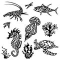 Set of marine inhabitants of black color with various patterns. A collection of inhabitants of the underwater world. Tattoo Royalty Free Stock Photo