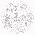 Set of marine inhabitants handdrawn doodle outline. Octopus, seahorse, pufferfish, starfish, poulpe, shell, sea turtle for logo, Royalty Free Stock Photo