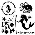 Set of marine life silhouettes, mermaid holding trigoa nad conch shell, shells, sea stars, octopus, sea horse