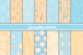 A set of marine and marine seamless patterns in orange and blue Royalty Free Stock Photo