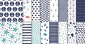 Set of marine and nautical backgrounds in navy blue and white colors Vector