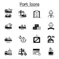 Set of marine port related vector icons. contains such Icons as boat, cruise, cargo, warehouse, logistic, delivery, crane,