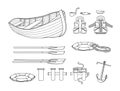Set of marine safety elements, wooden lifeboat, lifejacket, lifebuoy, peakless  cap, oars Royalty Free Stock Photo