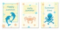 Set with Marine summer card with sea animals. Hello summer. Summer time. Happy summer. Dolphin, Crab and Octopus. Royalty Free Stock Photo