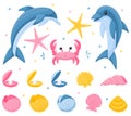 A set of marine underwater animals. Dolphins, crab, seashells and starfish. Cute characters in a flat, cartoon style. Vector Royalty Free Stock Photo