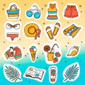 A set of marine vector contour drawings on a colored isolated background. Hat, glasses, drinks, beachwear, ice cream, summer Royalty Free Stock Photo