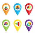 Set markers, pins with isometric diagrams, graphs, pyramids, pie charts. Elements of infographics for business. Vector