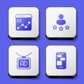 Set Market analysis, Consumer product rating, Advertising and Mobile 24 hours support icon. White square button. Vector