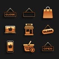 Set Market store, Refresh shopping basket, Hanging sign with Open door, Close, Mobile and, Shopping on laptop, Handbag