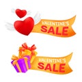 Set of marketing sale banners or promo labels to Valentine`s Day celebrating with flying heart with angel wings and gift box