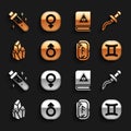Set Mars, Dagger, Gemini zodiac, Magic runes, stone, Ancient magic book, Bottle with potion and Venus icon. Vector Royalty Free Stock Photo