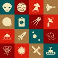 Set Mars rover, Black hole, Radar, UFO flying spaceship, Planet, Alien and Satellite icon. Vector Royalty Free Stock Photo