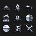 Set Mars rover, Earth globe, Satellite, structure, Death star, Astronaut, Falling and icon. Vector
