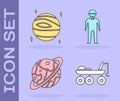 Set Mars rover, Planet Venus, Planet Saturn and Alien icon. Vector Royalty Free Stock Photo