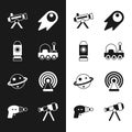 Set Mars rover, Rocket ship, Telescope, Comet falling down fast, Planet Saturn, Radar, and Ray gun icon. Vector Royalty Free Stock Photo