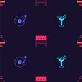 Set Martini glass, Vinyl player with disk, BBQ brazier and Cake on seamless pattern. Vector Royalty Free Stock Photo