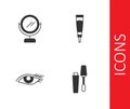 Set Mascara brush, Round makeup mirror, Woman eye and Cream lotion cosmetic tube icon. Vector Royalty Free Stock Photo