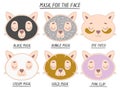Set mask face beauty animal cat girl and women. Skin spa procedure, cosmetic clean. Head full face, cartoon style