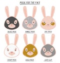 Set mask face beauty animal hare girl and women. Skin spa procedure, cosmetic clean. Head full face, cartoon style