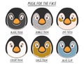 Set mask face beauty animal penguin girl and women. Skin spa procedure, cosmetic clean. Head full face, cartoon style
