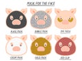 Set mask face beauty animal pig girl and women. Skin spa procedure, cosmetic clean. Head full face, cartoon style
