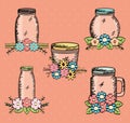 Set of mason jars with flowers drawing Royalty Free Stock Photo