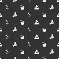 Set Masons, Bottle with potion, Sparkle stars magic and Witch cauldron on seamless pattern. Vector Royalty Free Stock Photo