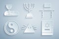 Set Masons, Orthodox jewish hat with sidelocks, Yin Yang, Jewish torah book, Hanukkah menorah and First communion