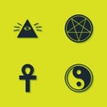 Set Masons, Yin Yang, Cross ankh and Pentagram circle icon. Vector