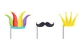 Set of Masquerade Party Costume Accessories, Jester Hat, Golden Crown, Black Mustaches on Sticks Cartoon Vector Royalty Free Stock Photo