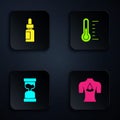 Set Massage with aroma oils, Essential bottle, Old hourglass and Sauna thermometer. Black square button. Vector