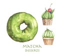 Set of Matcha desserts, Donut and Cupcakes. Watercolor illustration.