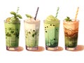 Set of matcha latte cocktails mixed with ice cubes and milk in glasses. Creative illustration of assortment of matcha green tea on Royalty Free Stock Photo