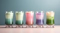 Set of matcha latte cocktails. Pink, blue, purle and green matcha tea variation. Creative illustration of assortment of matcha tea Royalty Free Stock Photo