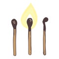 Set of Matches icons, lighted match and burned match. hand drawing. vector , isolated Royalty Free Stock Photo