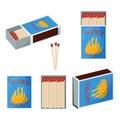 Set of matches. Opened matchbox full of matches. Household flammable tool for lighting fire in cardboard box. Flat Royalty Free Stock Photo