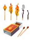 Set of matches. Opened matchbox, lighted match and burned match