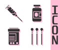 Set Matches, Syringe, Medicine bottle and pills and Medicine bottle and pills icon. Vector