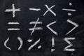 Set of math symbol draw by white chalk on blackboard