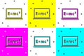 Set Math system of equation solution on chalkboard icon isolated on color background. E equals mc squared equation on